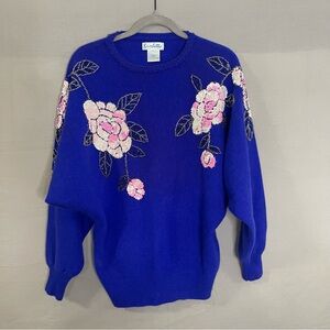 Kroshetta Bloomcore Sweater‎ Angora Wool Sequin Vtg Sz L Blue Dolman Sleeve 80's